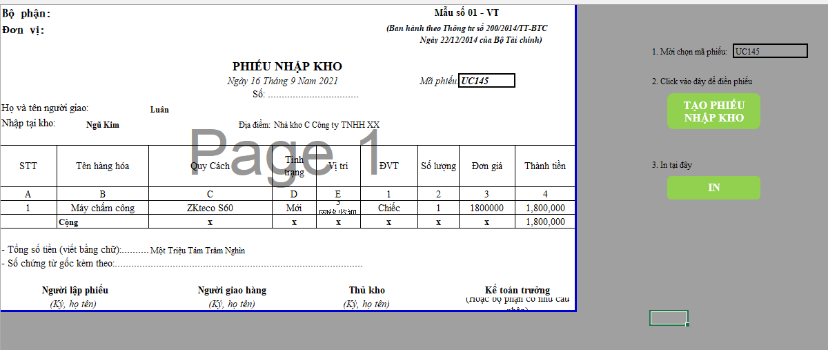 Quản Lý Kho Bằng File Excel Đơn Giản, Dễ Sử Dụng (Phần 2) 13 Phiếu nhập kho
