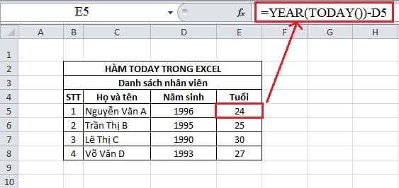 Hàm Today Trong Excel: Hàm Trả Về Ngày Tháng Hiện Tại 1 Hàm today trong Exel
