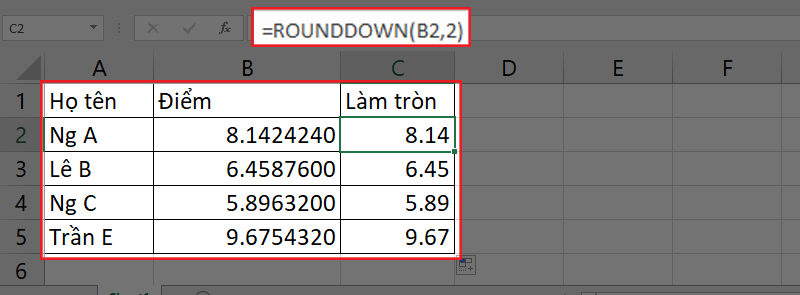 Cách làm tròn số xuống bằng hàm Rounddown trên Excel