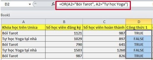 Cách sử dụng hàm or trong excel