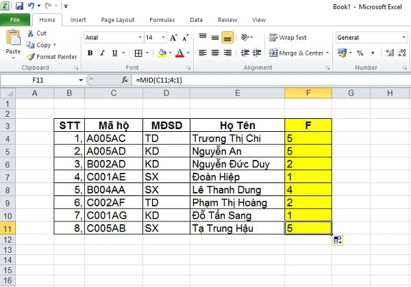 Cú pháp hàm mid trong excel
