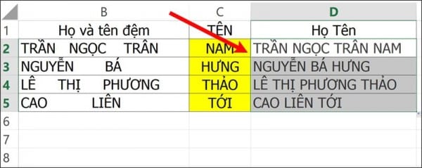 Dùng hàm TRIM kết hợp hàm CONCATENATE để nối chuỗi
