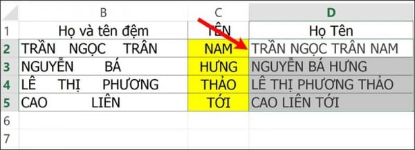 Dùng hàm Trim kết hợp với dấu "&" để nối chuỗi