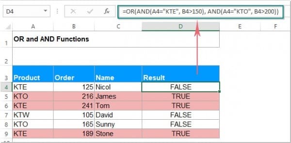 Ví dụ cụ thể của hàm or trong excel