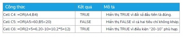 Ví dụ cụ thể của hàm or trong excel