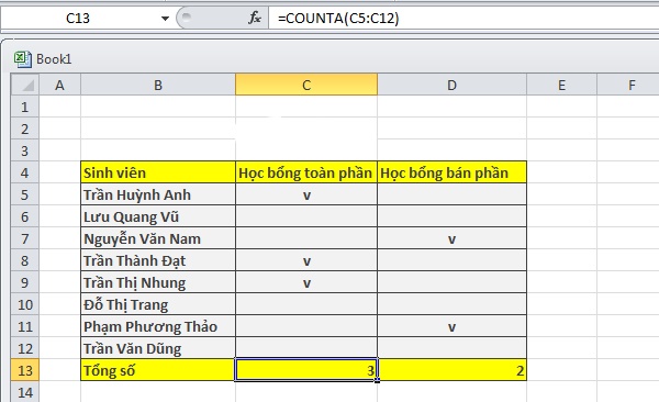 Cách sử dụng hàm counta trong excel