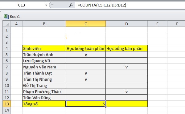 Cách sử dụng hàm counta trong excel