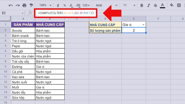 Kết hợp hàm counta và hàm filter trong excel