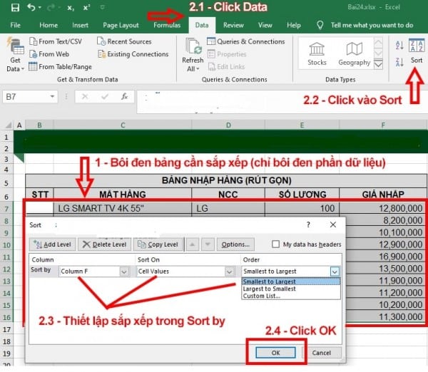 Hướng Dẫn Cách Sắp Xếp Thứ Tự Trong Excel Chi Tiết 2 Hướng dẫn cách sắp xếp các số theo thứ tự trong Excel tăng dần