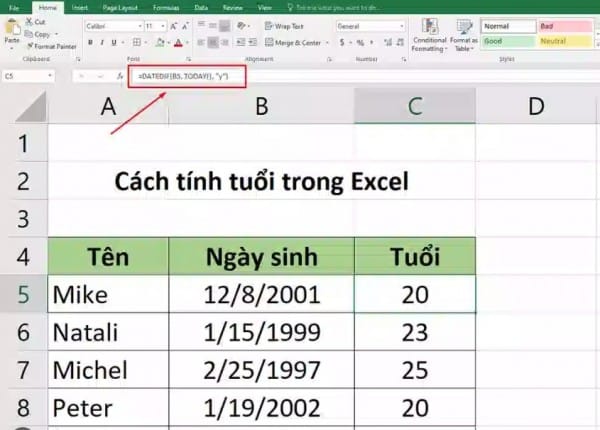 4 Cách Tính Tuổi Trong Excel Với Ví Dụ Chi Tiết Dễ Hiểu 3 Cách tính tuổi trong Excel bằng hàm DATEDIF để tính tuổi
