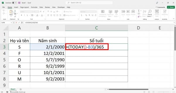 4 Cách Tính Tuổi Trong Excel Với Ví Dụ Chi Tiết Dễ Hiểu 1 Cách tính tuổi trong Excel bằng hàm TODAY