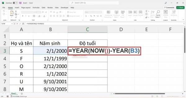 4 Cách Tính Tuổi Trong Excel Với Ví Dụ Chi Tiết Dễ Hiểu 2 Cách tính tuổi trong Excel bằng hàm YEAR