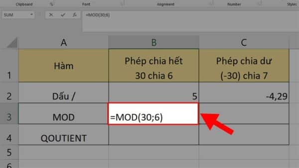 Ví dụ khi sử dụng hàm MOD trong Excel