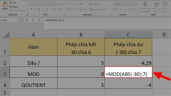 Ví dụ khi sử dụng hàm MOD trong Excel