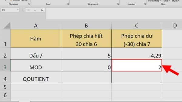 Ví dụ khi sử dụng hàm MOD trong Excel