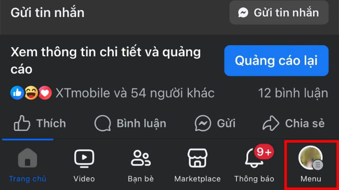 Giao diện menu Facebook trên điện thoại