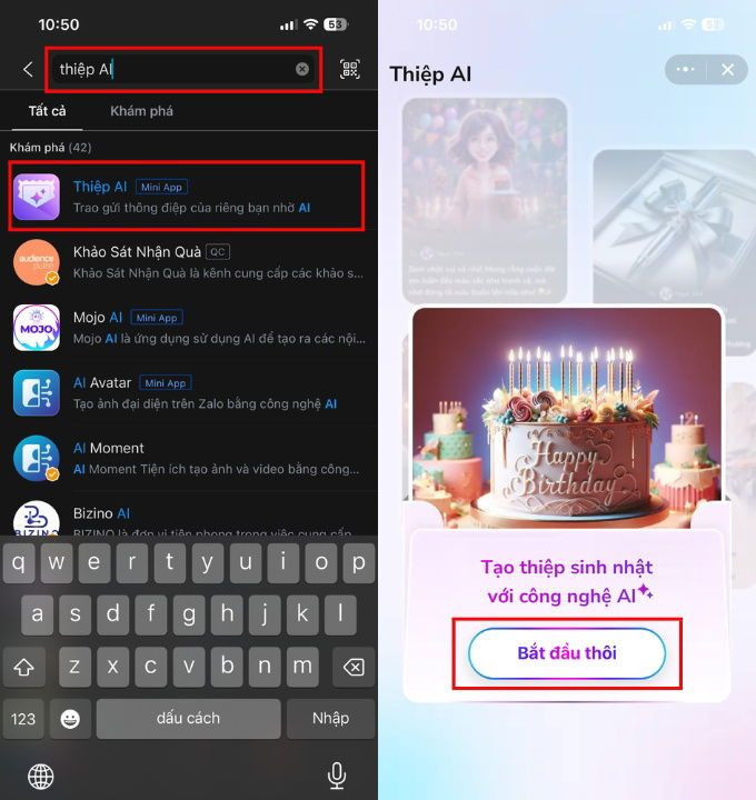Mở mini app Thiệp AI trên Zalo