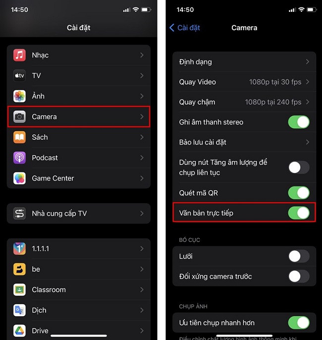 Bật Live Text trong Cài đặt