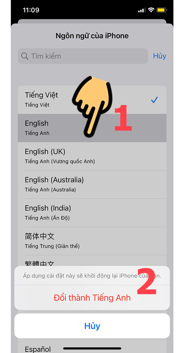 Đổi ngôn ngữ sang tiếng Anh