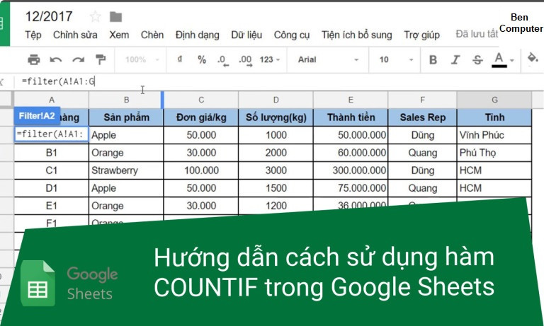 Hàm Countif trong Google Sheets