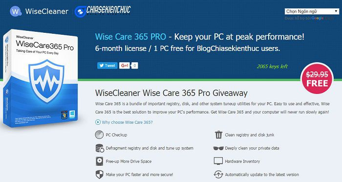Miễn phí bản quyền phần mềm Wise Care 365 PRO