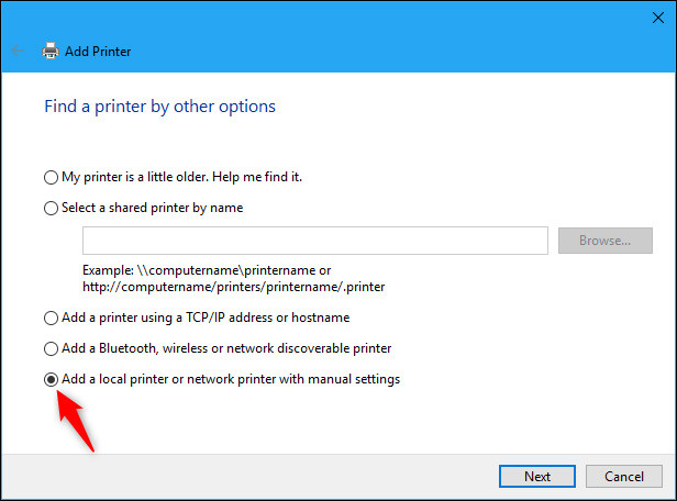 Add a local printer or network printer with manual settings