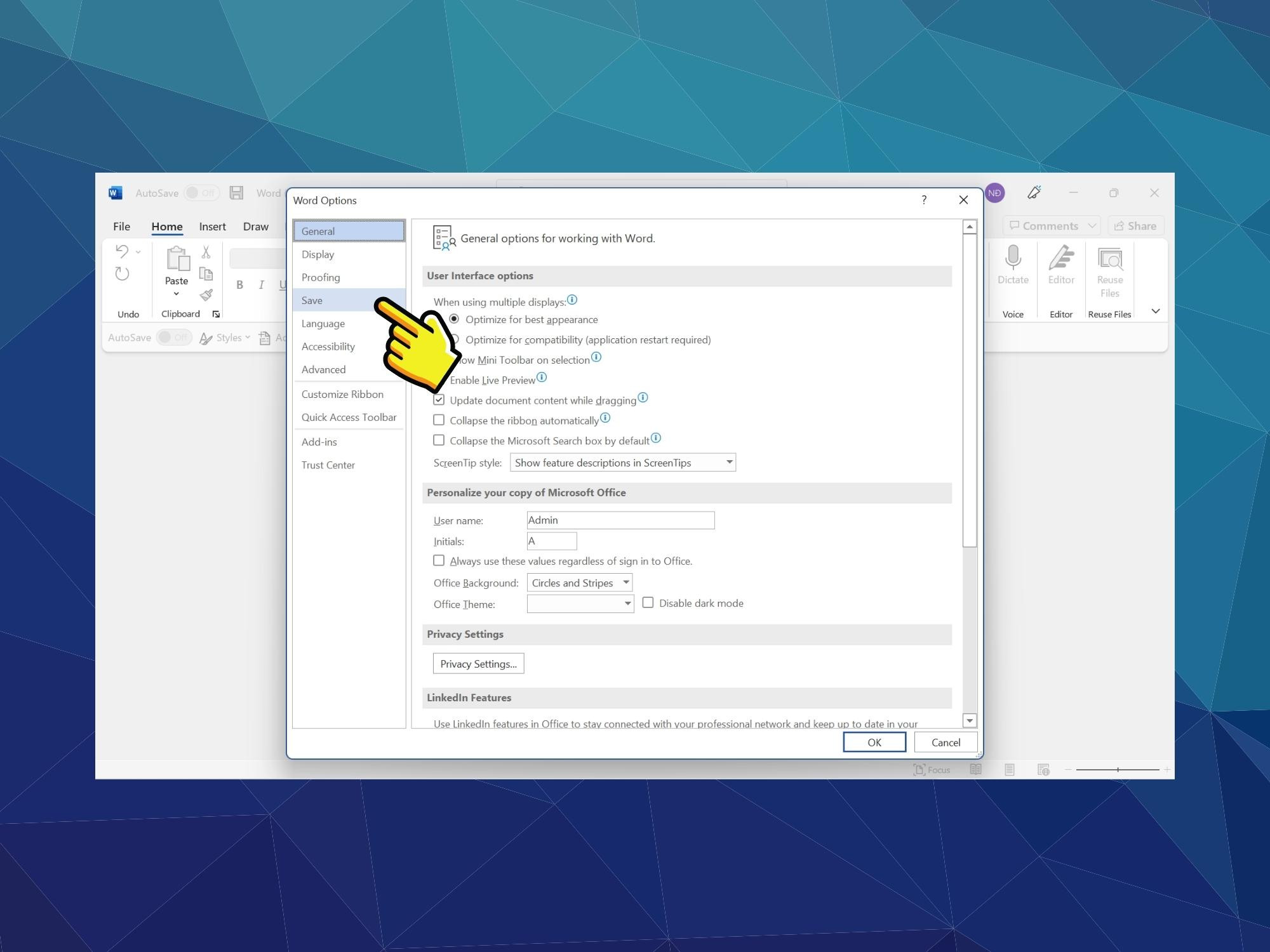 Bật chế độ AutoSave và AutoRecover - Bước 2