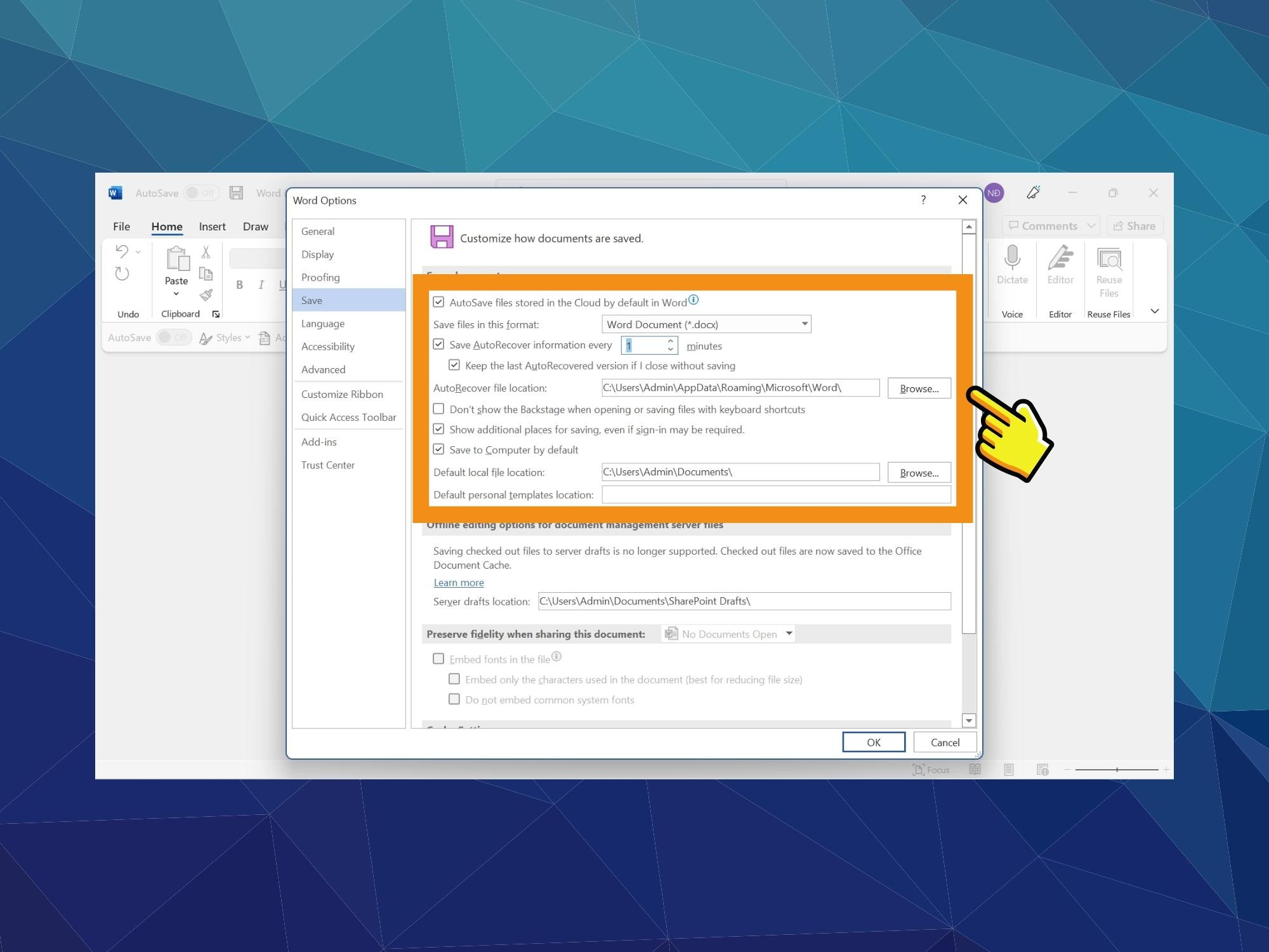 Bật chế độ AutoSave và AutoRecover - Bước 3