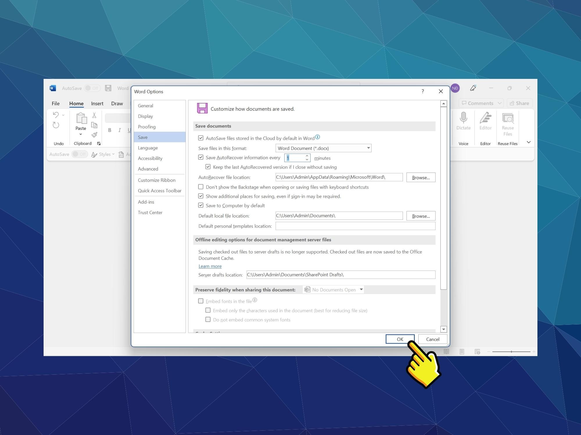 Bật chế độ AutoSave và AutoRecover - Bước 4