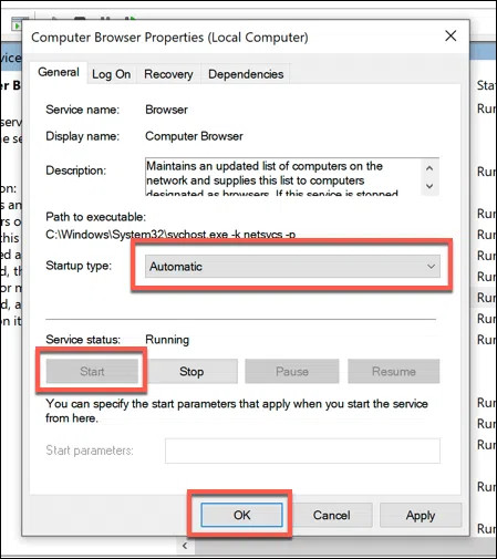 Bật dịch vụ Computer Browser