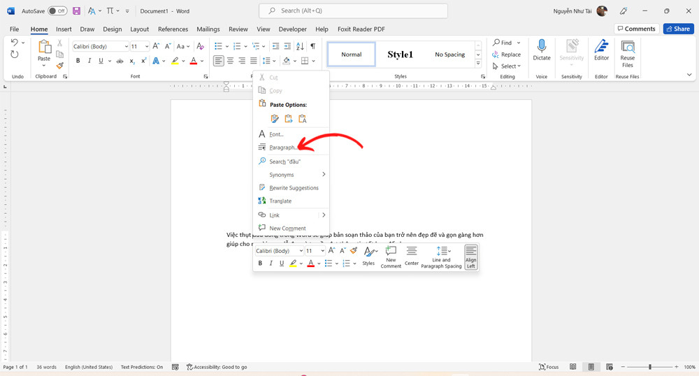 Cách Thụt Đầu Dòng Bằng Công Cụ Paragraph - Bước 1