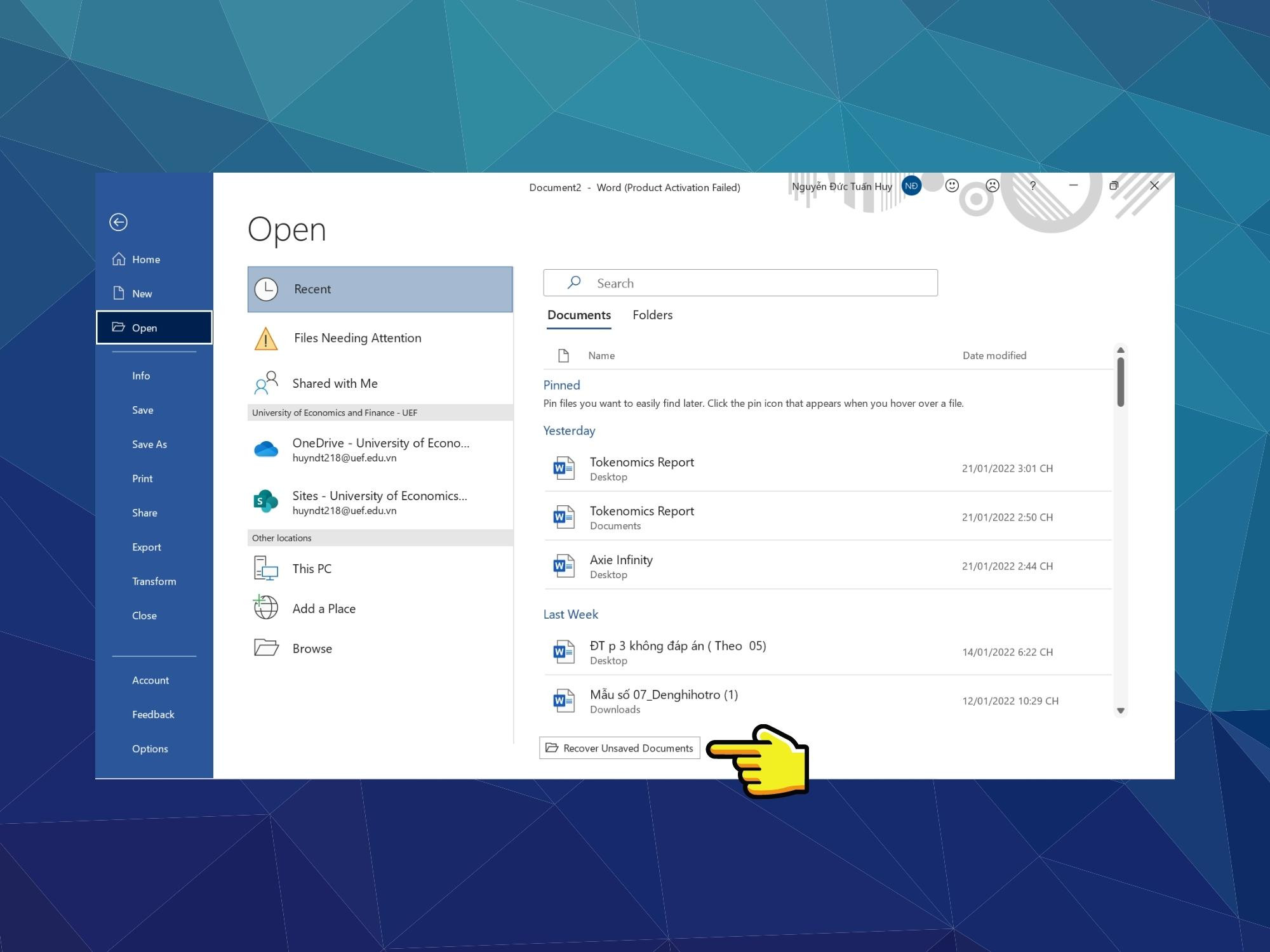 Cách tìm lại file Word chưa lưu - Bước 2
