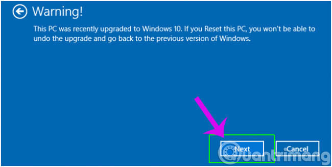 Cảnh báo bạn sẽ không thể quay trở lại với phiên bản trước của hệ điều hành