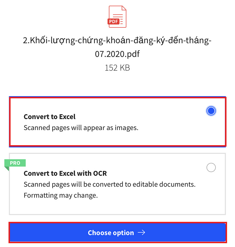 Chọn Convert to Excel