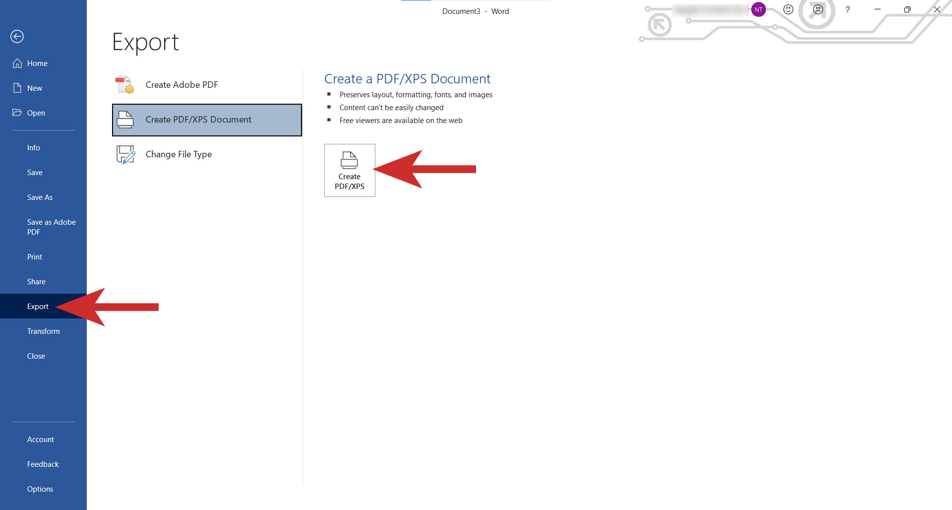 Chọn Export trong Word
