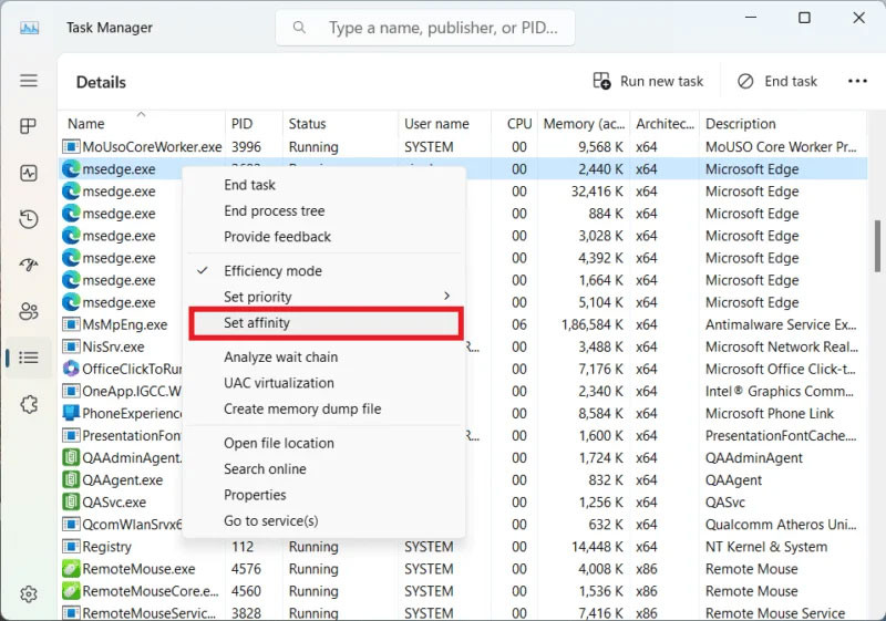 Chọn lõi CPU trong Task Manager
