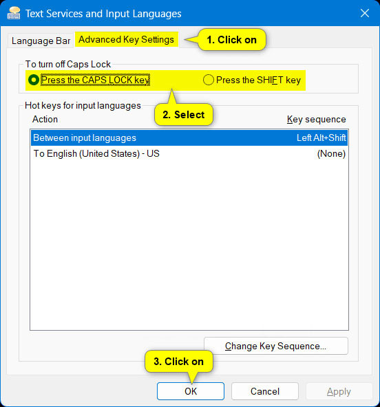 Chọn Press the CAPS LOCK key hoặc Press the SHIFT key