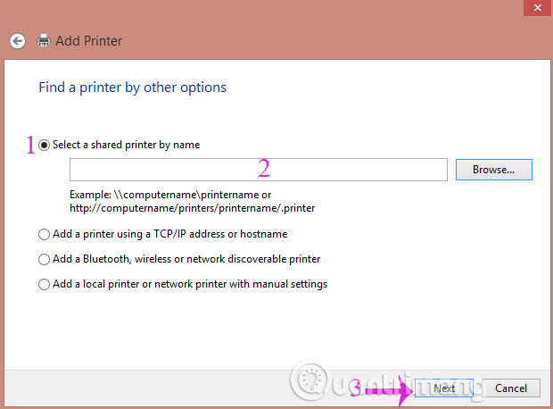 Chọn tên máy tính đã share máy in