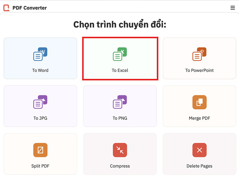 Chọn trình chuyển đổi sang Excel