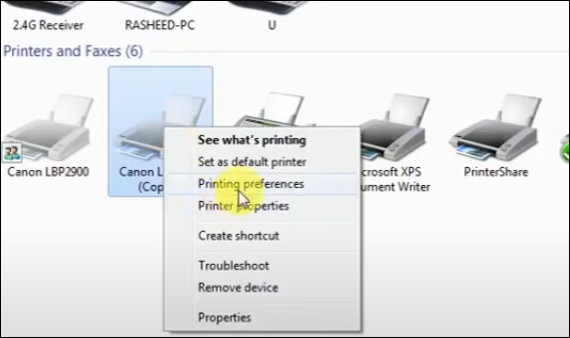 Cửa sổ tùy chọn máy in Canon 2900