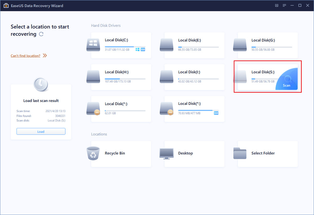 Giao diện phần mềm EaseUS Data Recovery Wizard