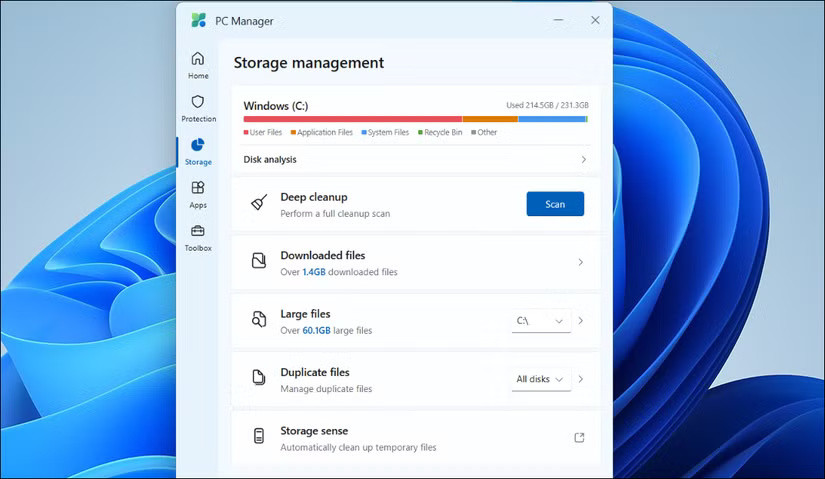 Giao diện quản lý bộ nhớ Microsoft PC Manager