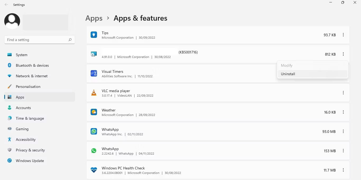 Gỡ cài đặt ứng dụng trong Apps and Features