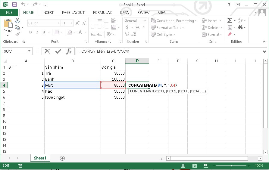 Gộp ô bằng CONCATENATE trong Excel