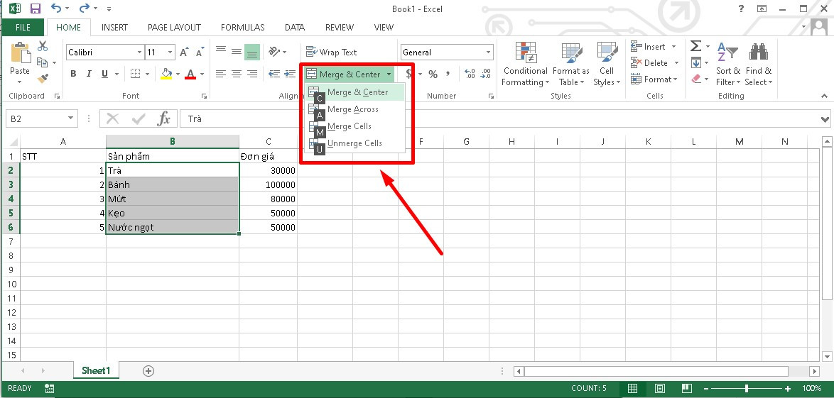 Gộp ô bằng phím tắt trong Excel