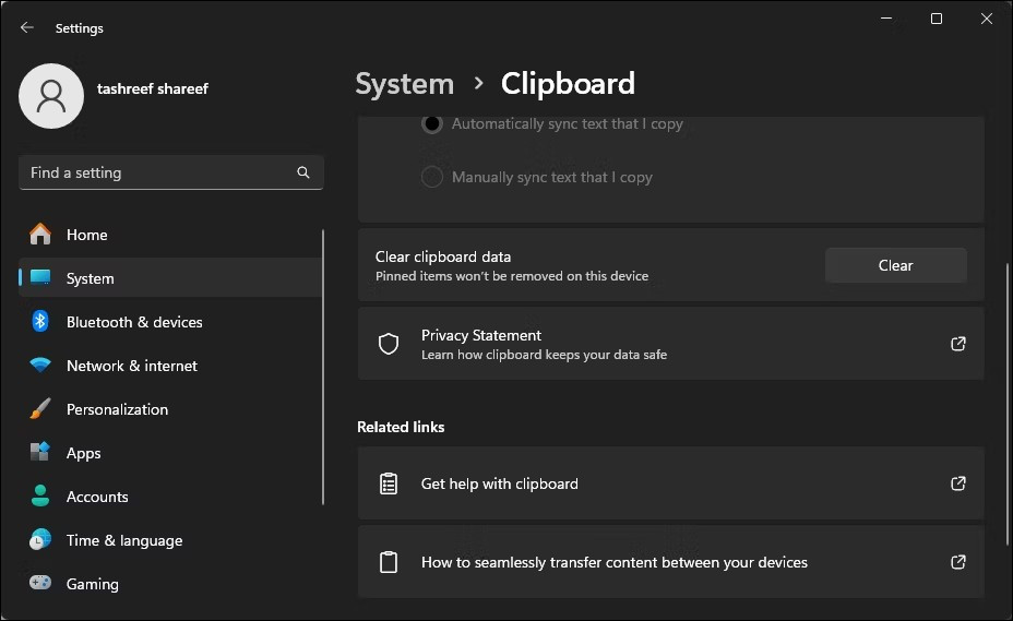 Hình ảnh hiển thị cài đặt Clipboard trong Windows 11