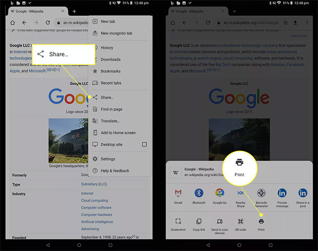 In trang web từ tablet