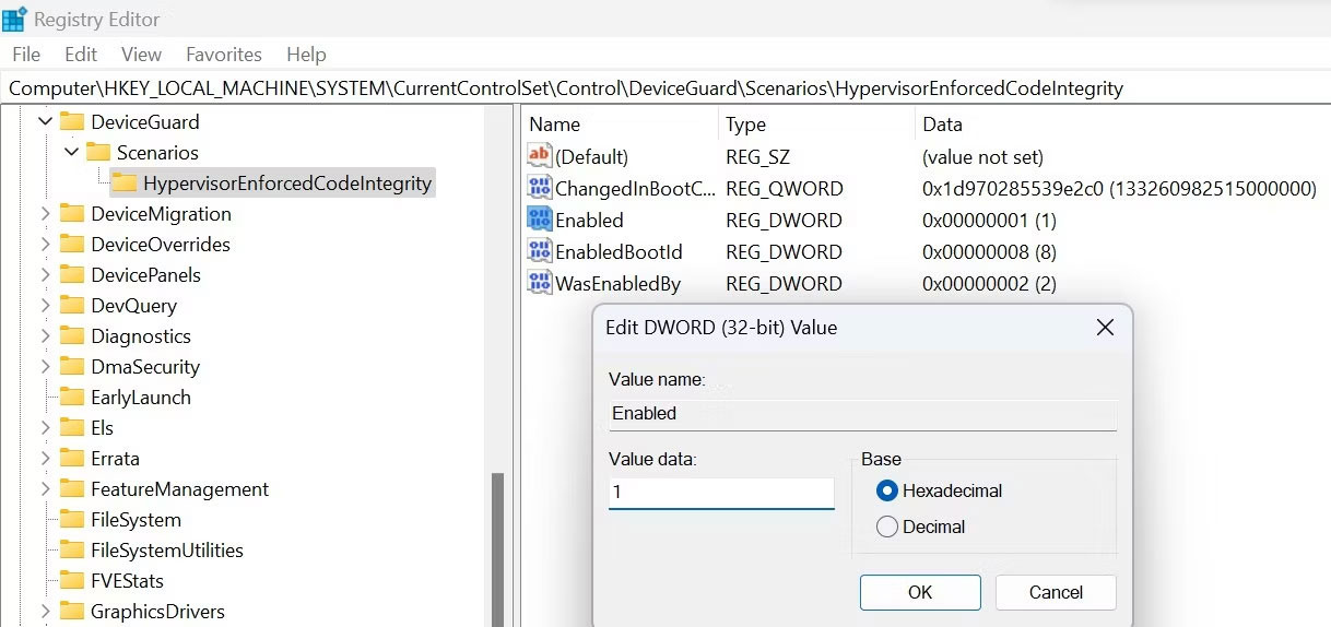 Kích hoạt Memory Integrity qua Registry Editor