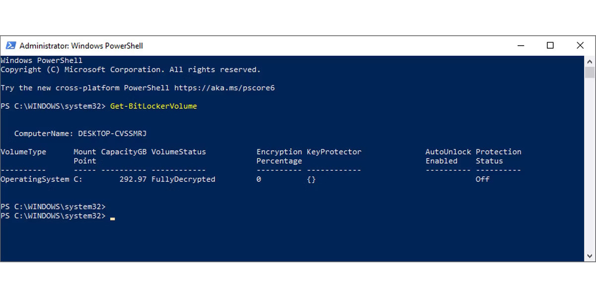 Kiểm tra trạng thái BitLocker qua Windows PowerShell