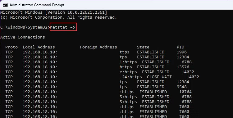 Lệnh netstat -o
